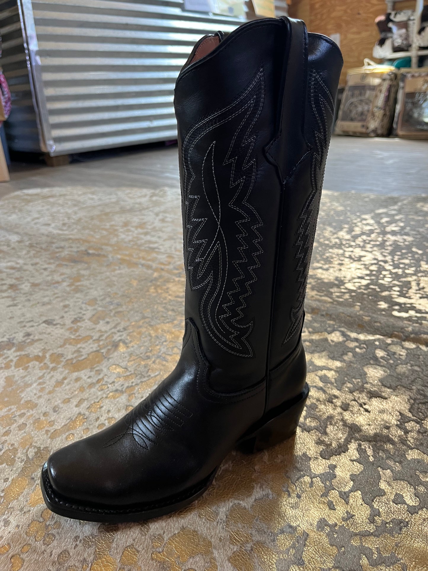 Tanner Mark Dallas Gold Square Toe Black Cowhide Leather Boots