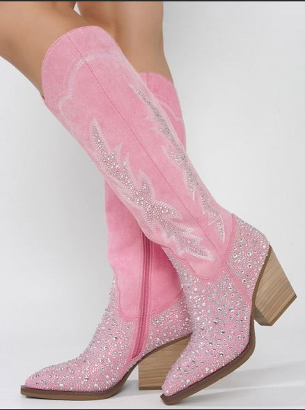 SHUZIA Ladies' Pink Rhinestone Inlaid Mid-Calf Cowboy Boots