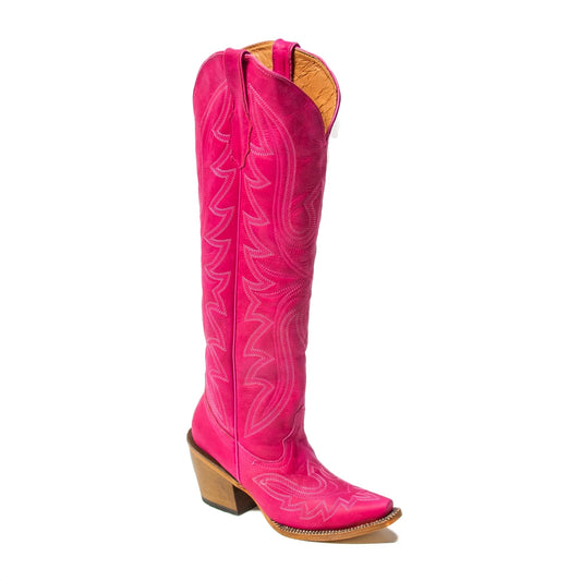 Tanner Mark Women’s Crackle Hot Pink Knee High Cowgirl Boots with Fashion Heel