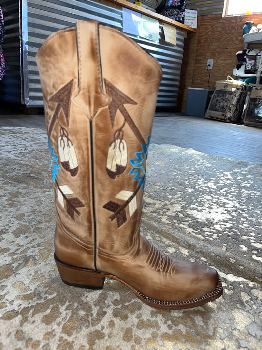 Tanner Mark Women’s Santa Fe Square Toe Leather Boots in Burnished Sand